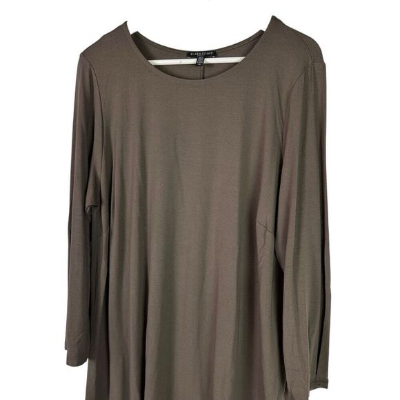 Eileen Fisher 1X Brown Viscose Jersey Shift Dress Long Sleeve - Picture 4 of 7